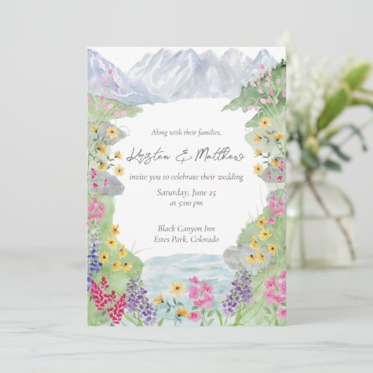 Waterverf Mountain Wildflower Wedding Invitation Kaart (Staand voorkant)
