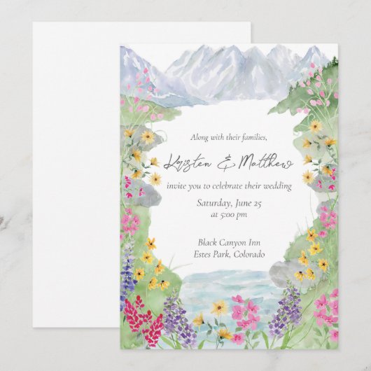 Waterverf Mountain Wildflower Wedding Invitation Kaart (Voorkant / Achterkant)
