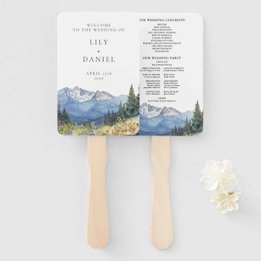 Waterverf Mountain Wildflower Wedding Programma Handwaaier (Voorkant en achterkant)