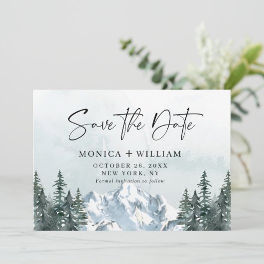 Waterverf Mountains Forest Wedding Save The Date (Staand voorkant)
