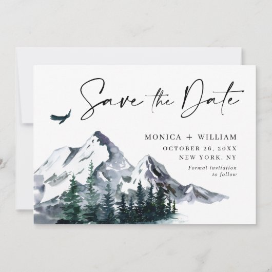 Waterverf Mountains Forest Wedding Save The Date (Voorkant)