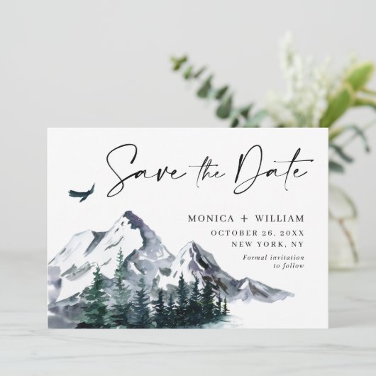 Waterverf Mountains Forest Wedding Save The Date (Staand voorkant)