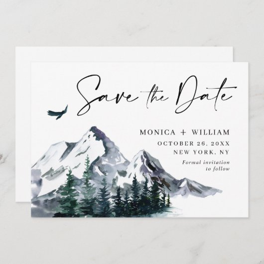 Waterverf Mountains Forest Wedding Save The Date (Voorkant / Achterkant)
