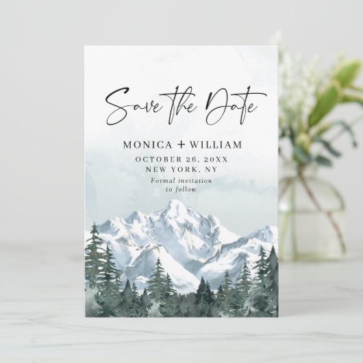 Waterverf Mountains Forest Wedding Save The Date (Staand voorkant)