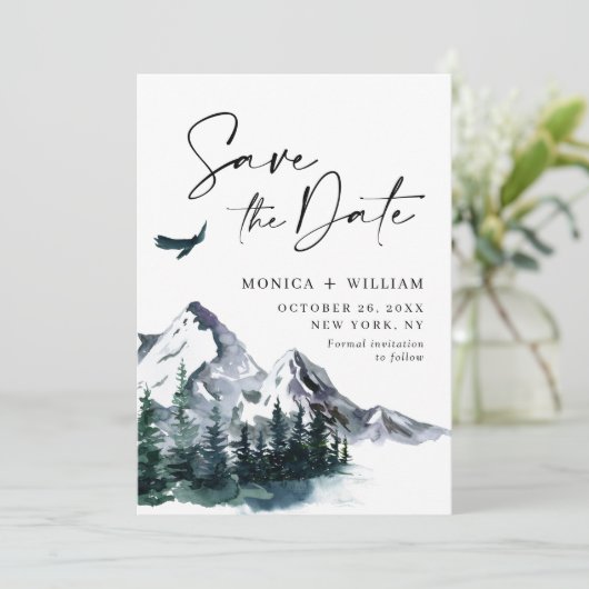 Waterverf Mountains Forest Wedding Save The Date (Staand voorkant)