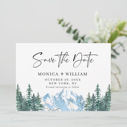 Waterverf Mountains Forest Wedding Save The Date (Staand voorkant)