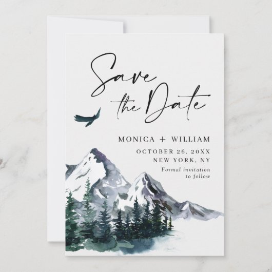 Waterverf Mountains Forest Wedding Save The Date (Voorkant)