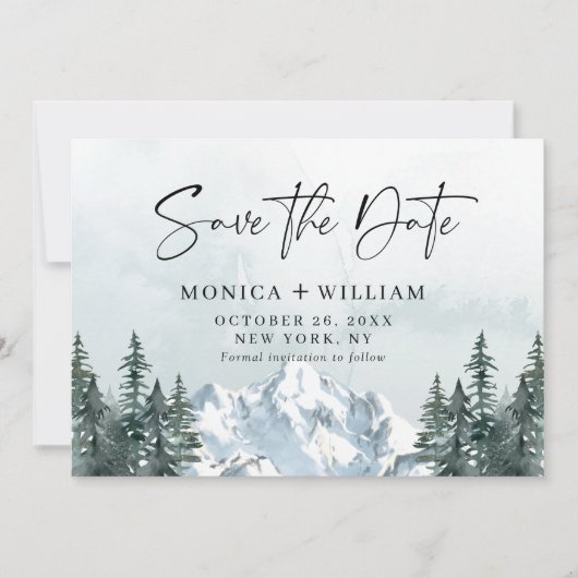 Waterverf Mountains Forest Wedding Save The Date (Voorkant)