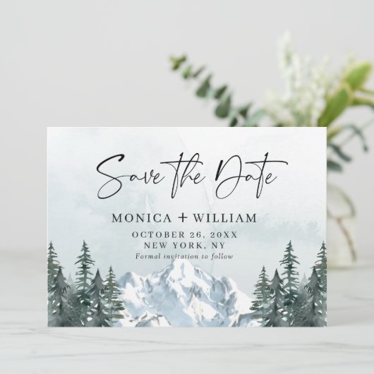 Waterverf Mountains Forest Wedding Save The Date (Staand voorkant)