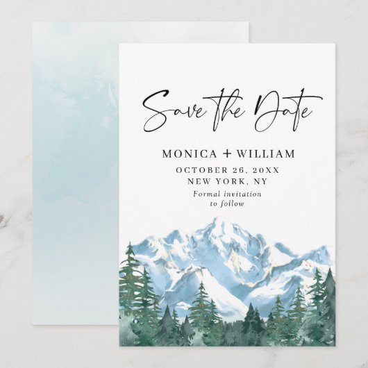 Waterverf Mountains Forest Wedding Save The Date (Voorkant / Achterkant)