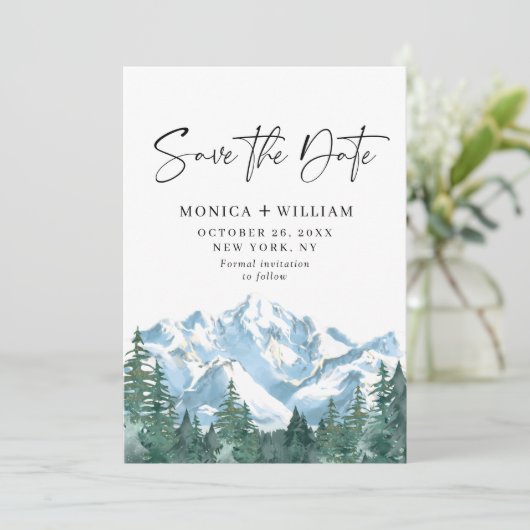 Waterverf Mountains Forest Wedding Save The Date (Staand voorkant)