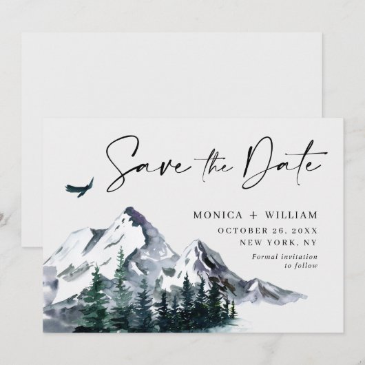 Waterverf Mountains Forest Wedding Save The Date (Voorkant / Achterkant)
