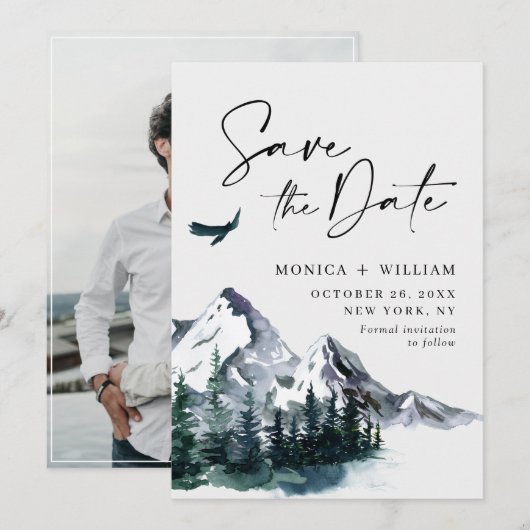 Waterverf Mountains Forest Weduwfoto Save The Date (Voorkant / Achterkant)