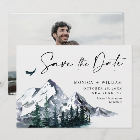 Waterverf Mountains Forest Weduwfoto Save The Date (Voorkant / Achterkant)