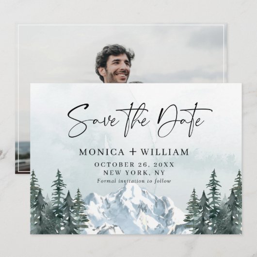 Waterverf Mountains Forest Weduwfoto Save The Date (Voorkant / Achterkant)