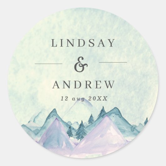 Waterverf Mountains Personalized Wedding Ronde Sticker (Voorkant)
