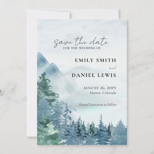 Waterverf Mountains Wedding Dusty Blue Rustic Save The Date (Voorkant)