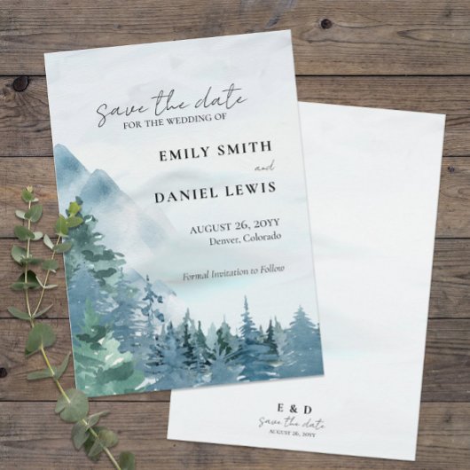 Waterverf Mountains Wedding Dusty Blue Rustic Save The Date
