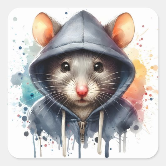 Waterverf Mouse in Blauw Grijs Hoodie Splash Art Vierkante Sticker (Voorkant)