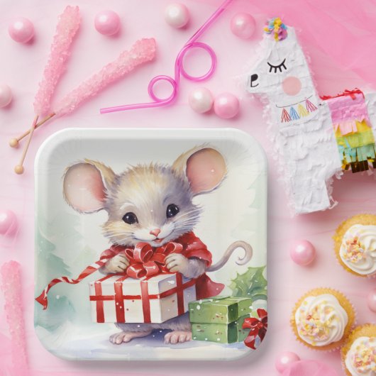 Waterverf Mouse Met Kerstcadeau Papieren Bordje (Feest)
