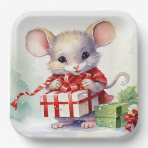 Waterverf Mouse Met Kerstcadeau Papieren Bordje