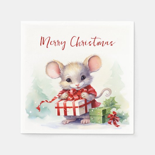 Waterverf Mouse Met Kerstcadeau Servet (Voorkant)