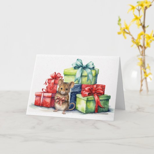 Waterverf Mouse met kerstcadeaus Kaart (Gele Bloem)