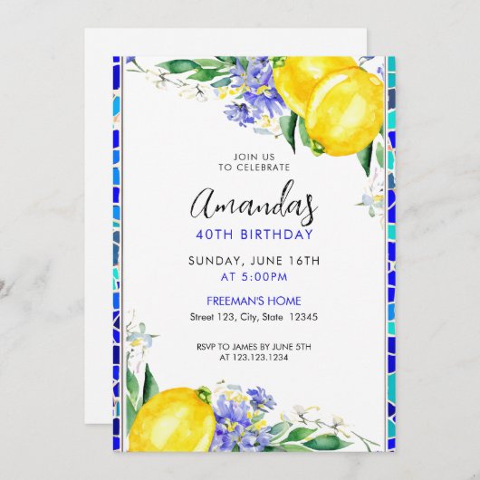 Waterverf mozaïek en citroen chique 40e verjaardag kaart (Voorkant / Achterkant)