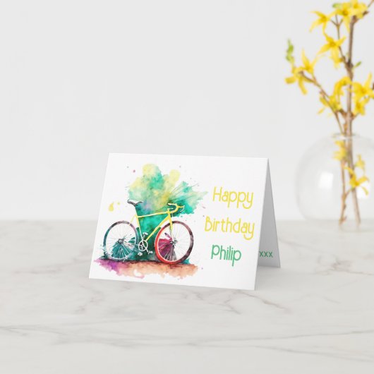 Waterverf MTB, mountainbike fietser Verjaardag Kaa Kaart (Gele Bloem)