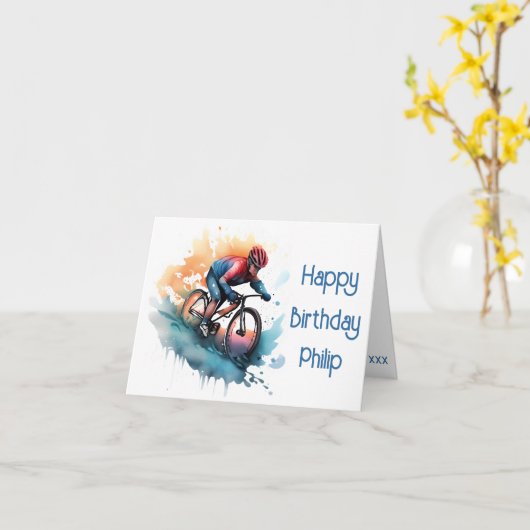 Waterverf MTB Road Bike fietser Verjaardag Kaart (Gele Bloem)