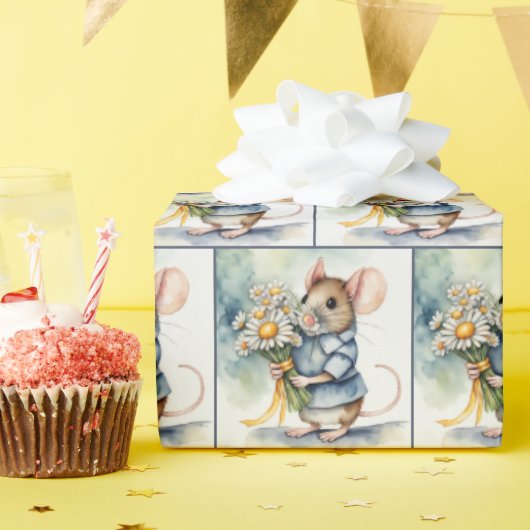 Waterverf Muis met Daisy Boeket Cadeaupapier (Verjaardagsfeest)