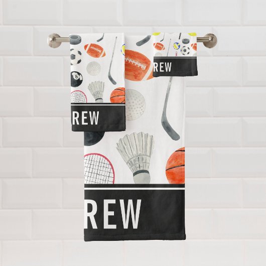 Waterverf Multi Sport Pattern Balls Kind Boy Name Bad Handdoek
