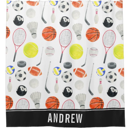 Waterverf Multi Sport Pattern Balls Kind Boy Name Douchegordijn (Voorkant)