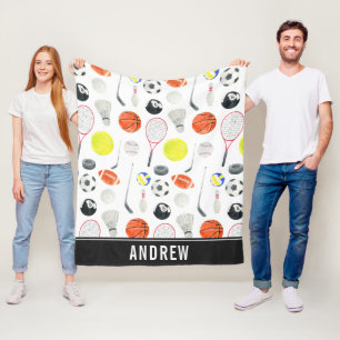 Waterverf Multi Sport Pattern Balls Kind Boy Name Fleece Deken