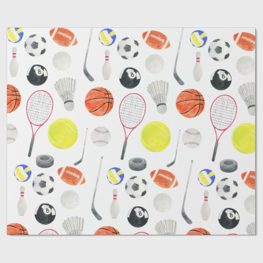 Waterverf Multi Sport Pattern Balls Rackets Golf Cadeaupapier (Vlak)