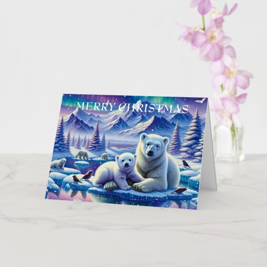 Waterverf Mum en Baby Polar Beer Kerst Folie Feestdagenkaart (Orchidee)