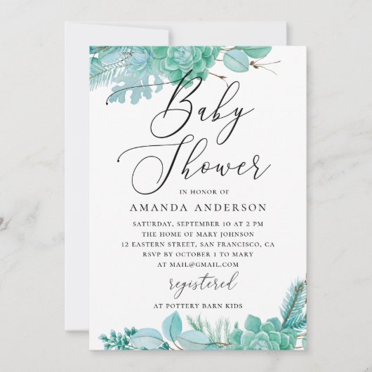 Waterverf munt bloemensucculenten baby shower kaart (Voorkant)