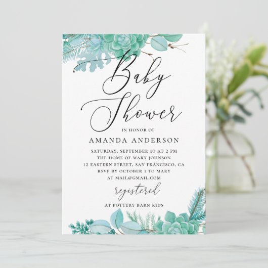 Waterverf munt bloemensucculenten baby shower kaart (Staand voorkant)