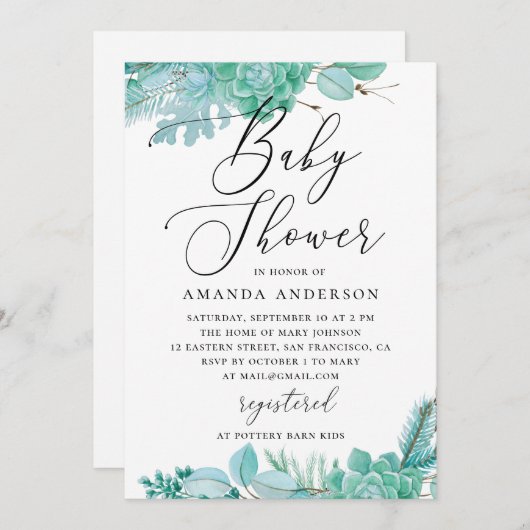 Waterverf munt bloemensucculenten baby shower kaart (Voorkant / Achterkant)