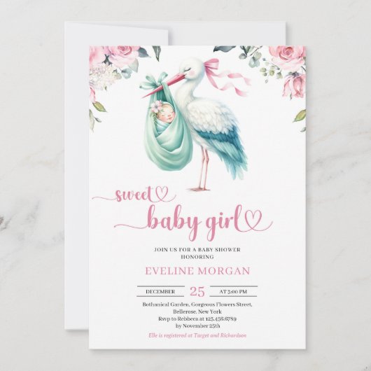 Waterverf munt en roze ooievaar levering baby meis kaart (Voorkant)