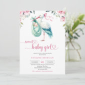 Waterverf munt en roze ooievaar levering baby meis kaart (Staand voorkant)
