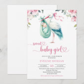 Waterverf munt en roze ooievaar levering baby meis kaart (Voorkant / Achterkant)