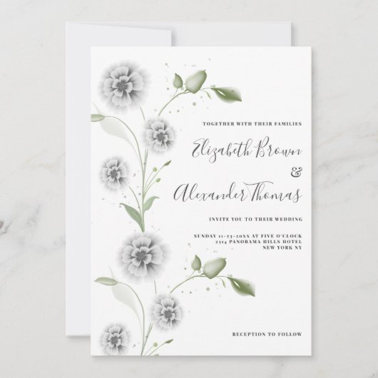 Waterverf munt wit papaver bloemblaadjes bruiloft kaart (Voorkant)