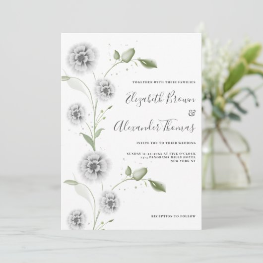 Waterverf munt wit papaver bloemblaadjes bruiloft kaart (Staand voorkant)