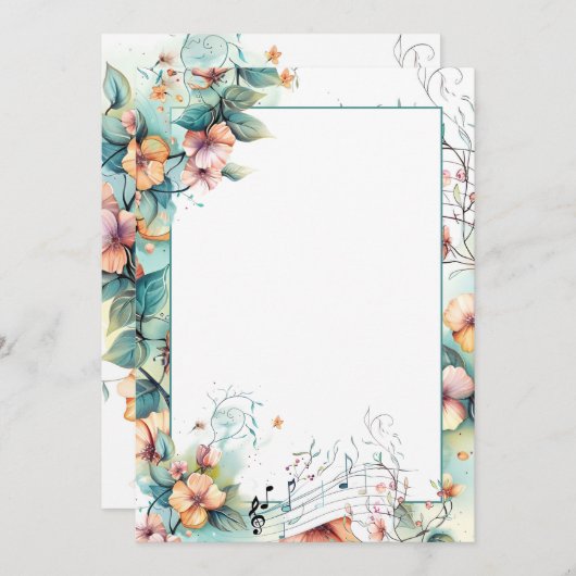 Waterverf muzieknoten en bloemen kaart (Voorkant / Achterkant)