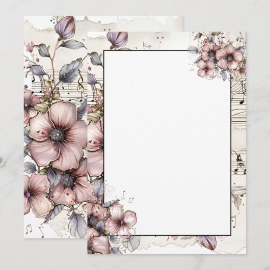 Waterverf muzieknoten en bloemen kaart (Voorkant / Achterkant)