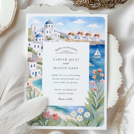 Waterverf Mykonos Seaside Windmills Wedding Kaart