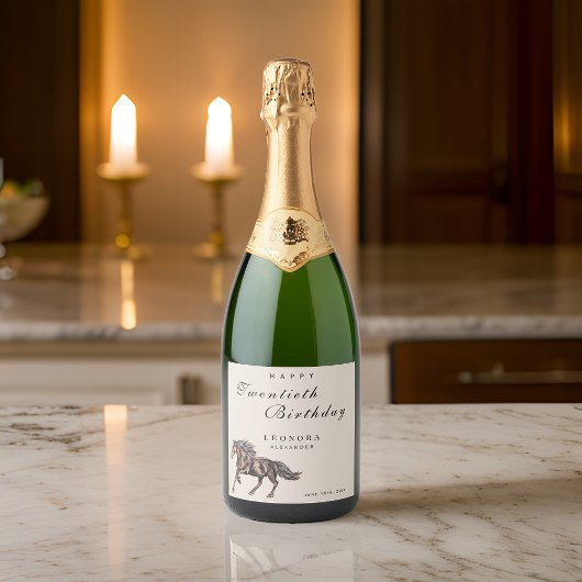 Waterverf Mystiek Paard ELKE Volwassen Verjaardags Sparkling Wijnetiket