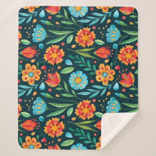 Waterverf naadloos handgeïllustreerd bloemblok sherpa deken (Voorkant)