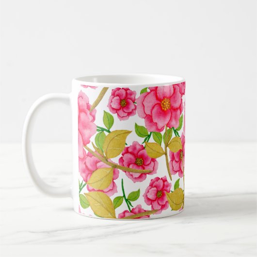 Waterverf naadloos met bloemen. Vintage Koffiemok (Links)